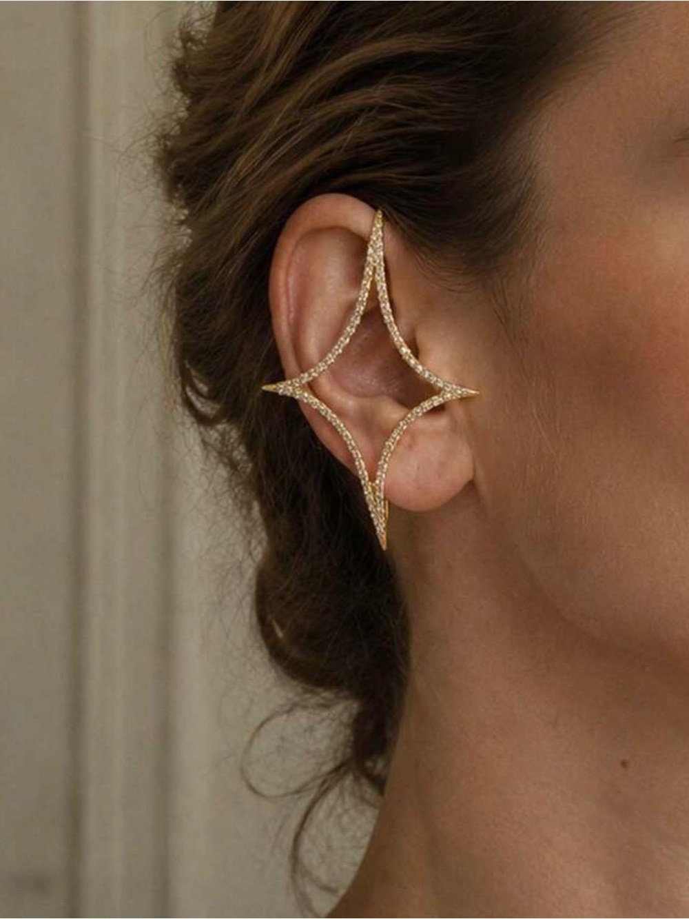 Gold Pavé Crystal Star Frame Ear Cuff - Women Jewelry